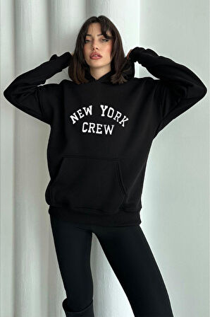 Kadın New York Crew Baskılı Oversize Kapüşonlu Sweatshirt