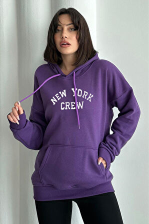 Kadın Mor New York Crew Baskılı Oversize Kapüşonlu Sweatshirt