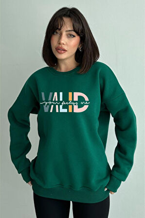 Kadın Yeşil Valid Baskılı Oversize Bisiklet Yaka Sweatshirt