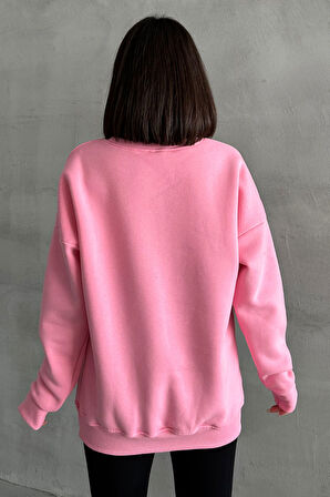 Kadın Pembe Valid Baskılı Oversize Sweatshirt