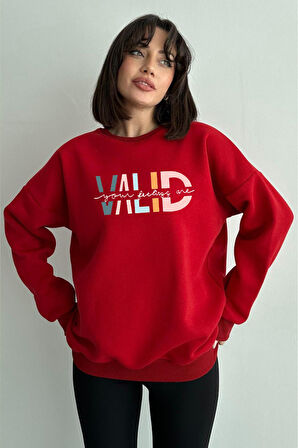 Kadın Kırmızı Valid Baskılı Oversize Sweatshirt