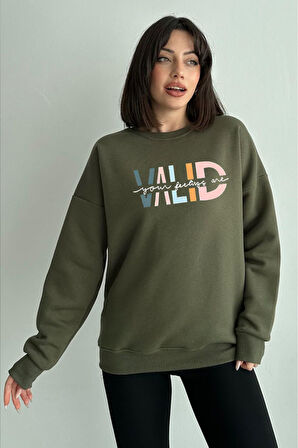 Kadın Haki Valid Baskılı Oversize Sweatshirt