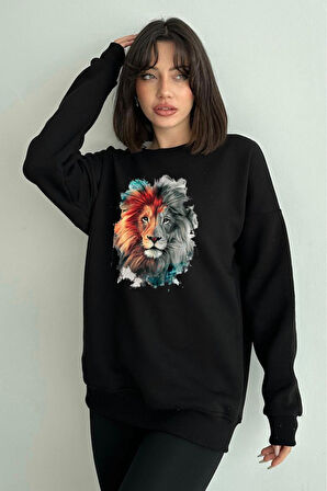 Kadın Siyah Aslan Baskılı Oversize Sweatshirt