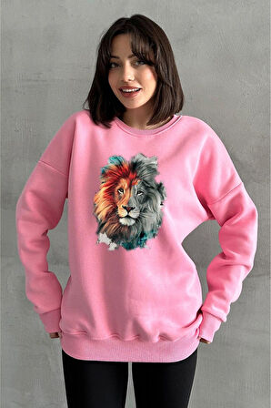 Kadın Pembe Aslan Baskılı Oversize Sweatshirt