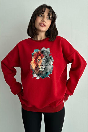 Kadın Aslan Baskılı Oversize Sweatshirt