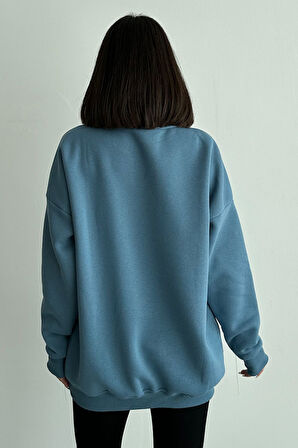 Kadın Aslan Baskılı Oversize Bisiklet Yaka Sweatshirt