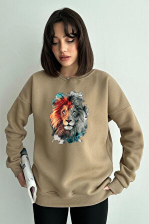 Kadın Aslan Baskılı Oversize Bisiklet Yaka Sweatshirt