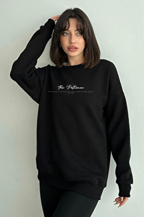 Kadın Siyah The Patience Baskılı Oversize Bisiklet Yaka Sweatshirt