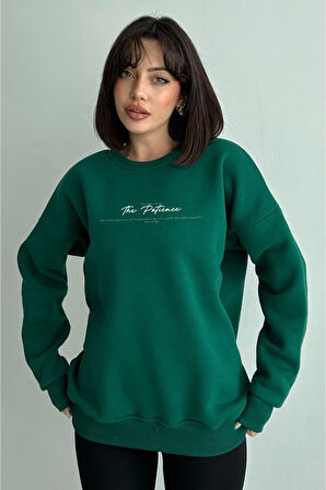 Kadın Yeşil The Patience Baskılı Oversize Bisiklet Yaka Sweatshirt