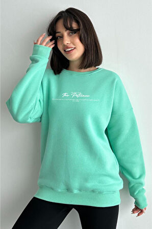 Kadın Mint Yeşili The Patience Baskılı Oversize Bisiklet Yaka Sweatshirt