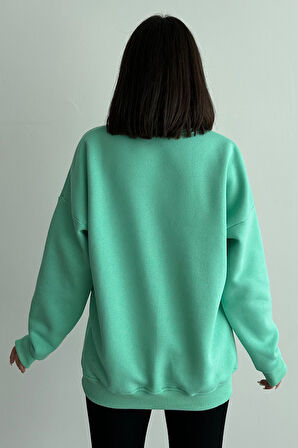 Kadın Mint Yeşili The Patience Baskılı Oversize Bisiklet Yaka Sweatshirt