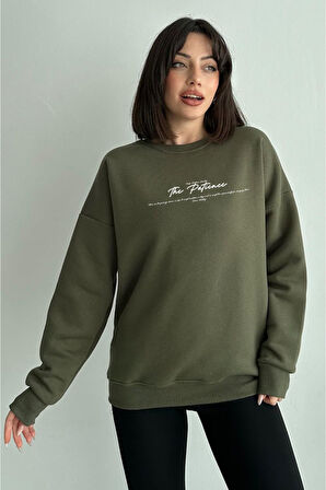 Kadın Haki The Patience Baskılı Oversize Bisiklet Yaka Sweatshirt