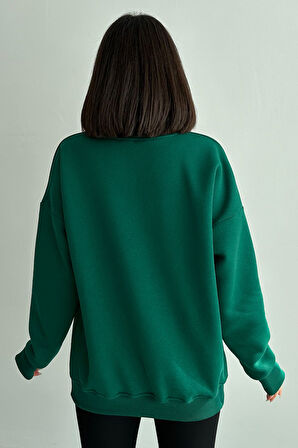 Kadın Renkli Believe Baskılı Oversize Bisiklet Yaka Sweatshirt