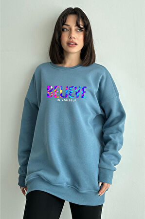 Kadın Mavi Renkli Believe Baskılı Oversize Bisiklet Yaka Sweatshirt