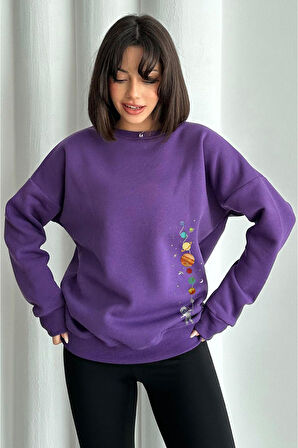 Kadın Minik Gezegen Baskılı Oversize Bisiklet Yaka Sweatshirt
