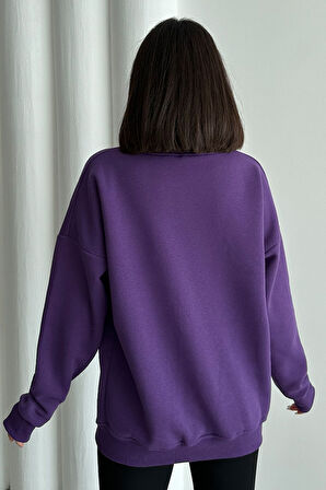Kadın Minik Gezegen Baskılı Oversize Bisiklet Yaka Sweatshirt