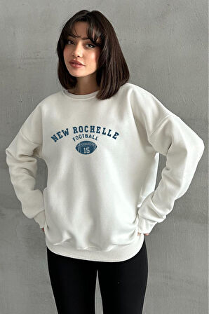 Kadın Krem New Rochelle Baskılı Oversize Bisiklet Yaka Sweatshirt