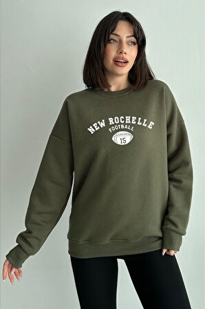 Kadın Haki New Rochelle Baskılı Oversize Bisiklet Yaka Sweatshirt