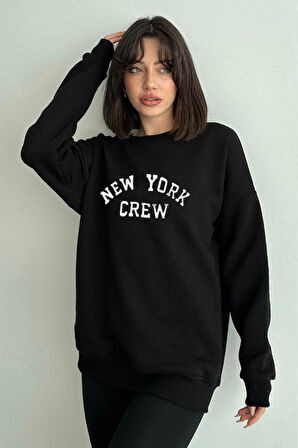 Kadın New York Crew Baskılı Oversize Bisiklet Yaka Sweatshirt