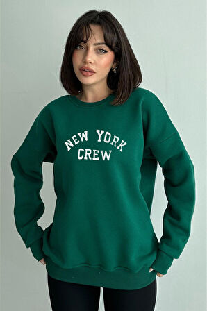 Kadın Yeşil New York Crew Baskılı Oversize Bisiklet Yaka Sweatshirt