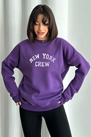 Kadın New York Crew Baskılı Oversize Bisiklet Yaka Sweatshirt