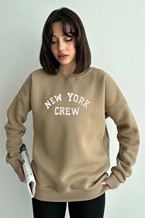 Kadın Vizon New York Crew Baskılı Oversize Bisiklet Yaka Sweatshirt