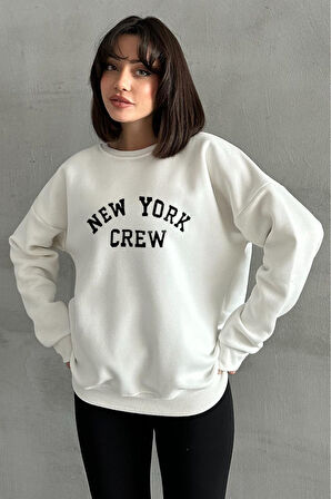 Kadın Krem New York Crew Baskılı Oversize Bisiklet Yaka Sweatshirt