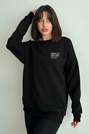 Kadın Charlie Luciano Baskılı Oversize Bisiklet Yaka Sweatshirt