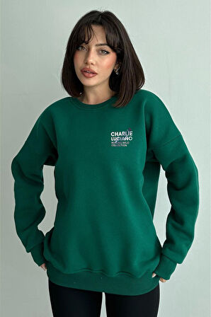 Kadın Yeşil Charlie Luciano Baskılı Oversize Bisiklet Yaka Sweatshirt