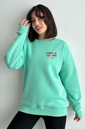 Kadın Mint Yeşili Charlie Luciano Baskılı Oversize Bisiklet Yaka Sweatshirt