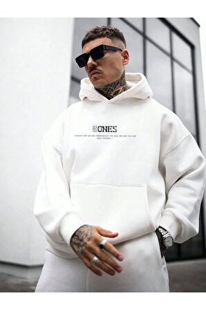 Erkek Krem Bones Baskılı Kapüşonlu Oversize Sweatshirt