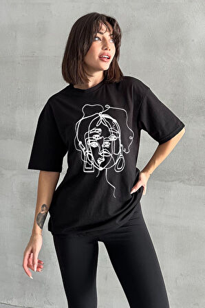 Kadın Yüz Baskılı Bisiklet Yaka Oversize T-Shirt