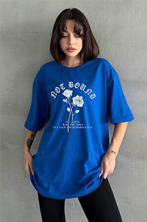 Kadın Not Bound Gül Baskılı Bisiklet Yaka Oversize T-Shirt