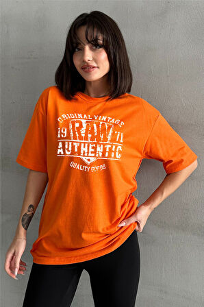 Kadın Raw Authentic Baskılı Bisiklet Yaka Oversize T-Shirt