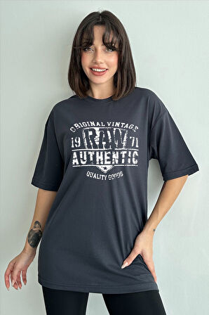 Kadın Raw Authentic Baskılı Bisiklet Yaka Oversize T-Shirt