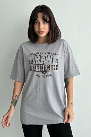 Kadın Raw Authentic Baskılı Bisiklet Yaka Oversize T-Shirt