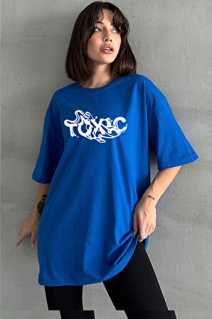 Kadın Toxic Baskılı Bisiklet Yaka Oversize T-Shirt