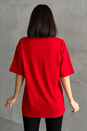 Kadın Spooky Baskılı Bisiklet Yaka Oversize T-Shirt