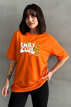 Kadın Smile Club Baskılı Bisiklet Yaka Oversize T-Shirt