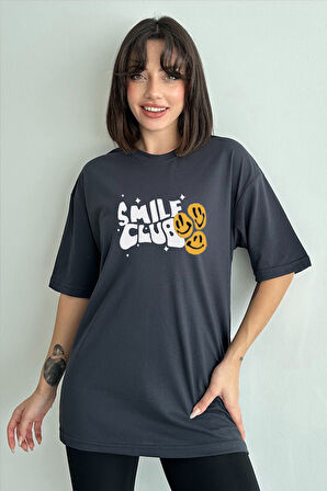 Kadın Smile Club Baskılı Bisiklet Yaka Oversize T-Shirt