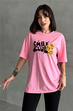 Kadın Smile Club Baskılı Bisiklet Yaka Oversize T-Shirt