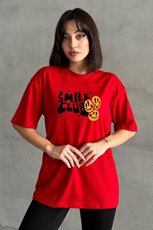 Kadın Smile Club Baskılı Bisiklet Yaka Oversize T-Shirt