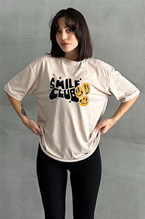 Kadın Smile Club Baskılı Bisiklet Yaka Oversize T-Shirt