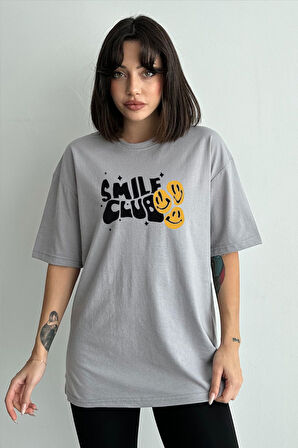 Kadın Smile Club Baskılı Bisiklet Yaka Oversize T-Shirt