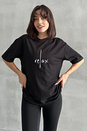 Kadın Relax Baskılı Bisiklet Yaka Oversize T-Shirt