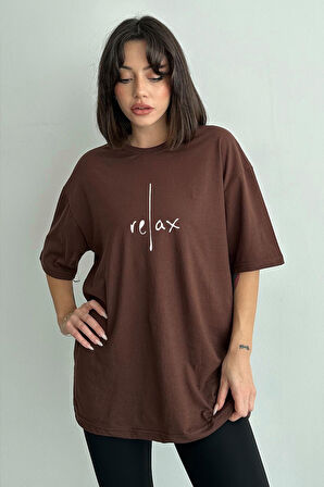 Kadın Relax Baskılı Bisiklet Yaka Oversize T-Shirt