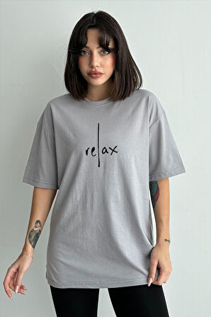 Kadın Relax Baskılı Bisiklet Yaka Oversize T-Shirt