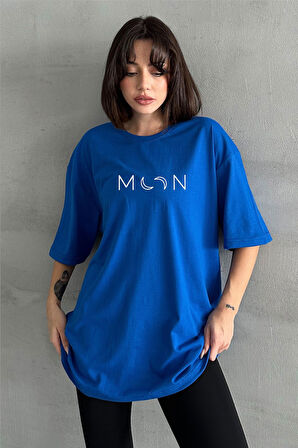 Kadın Moon Baskılı Bisiklet Yaka Oversize T-Shirt