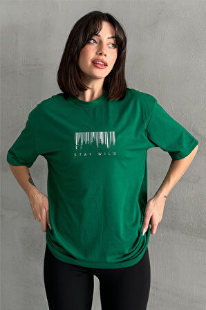 Kadın Stay Wild Baskılı Bisiklet Yaka Oversize T-Shirt