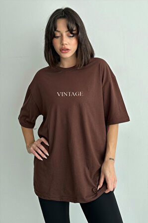 Kadın Vintage Baskılı Bisiklet Yaka Oversize T-Shirt